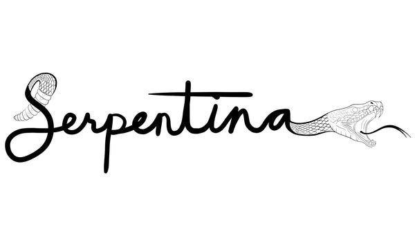 Logo that says Serpentina in black cursive. A snake's head with it's mouth open is connected to the letter A at the end of the word. The snake's tail is connected to the letter S at the beginning of the word.